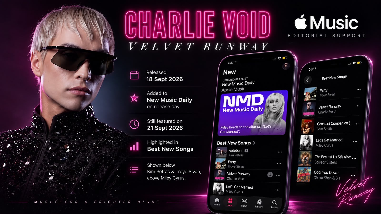 Charlie Void and Apple Music screens documenting Velvet Runway in New Music Daily and its Best New Songs preview on 21 September 2026