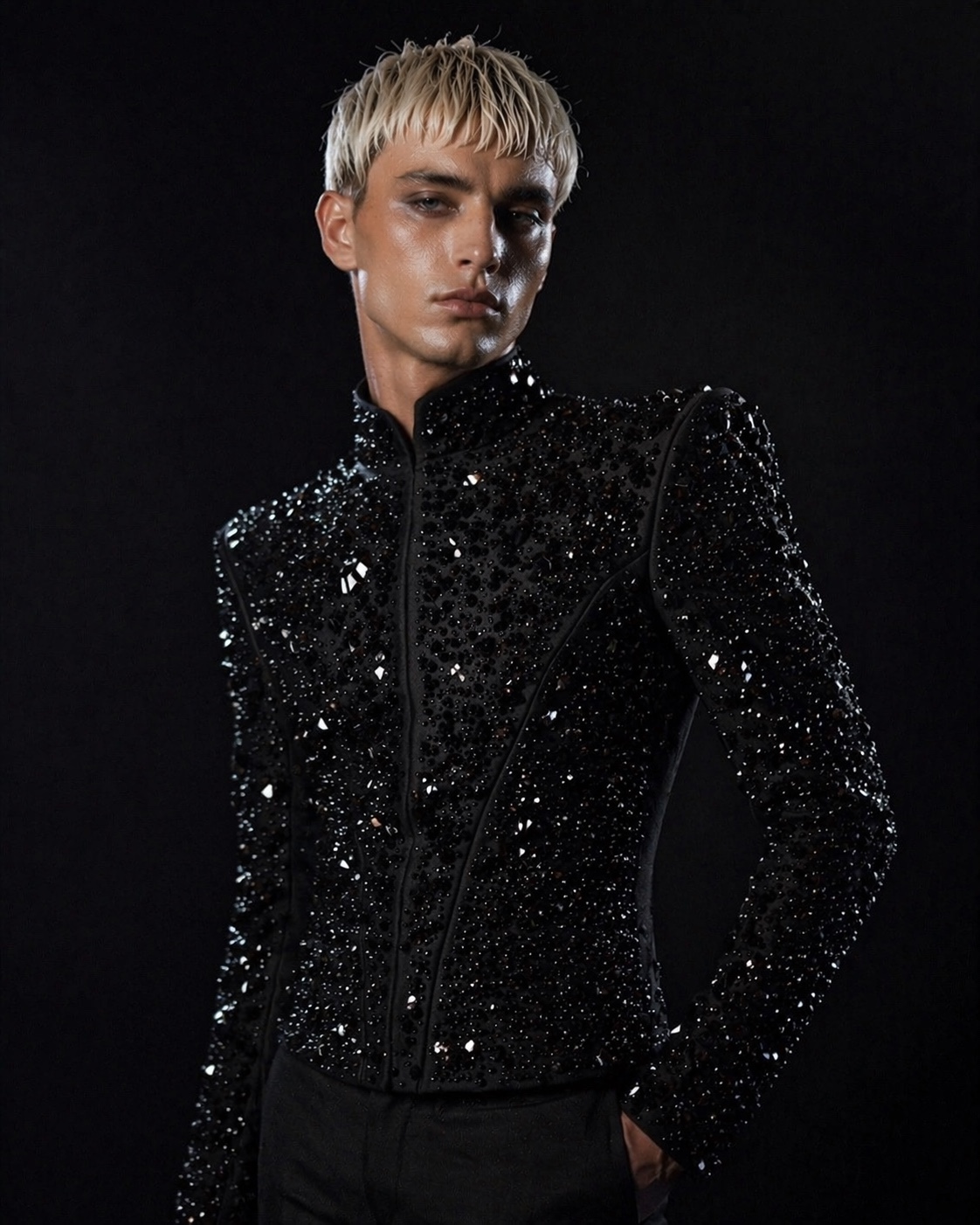 Charlie Void in a structured black crystal jacket