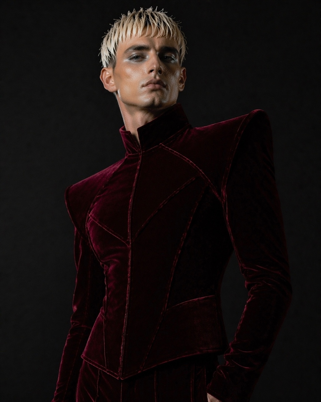 Charlie Void in structured oxblood velvet tailoring