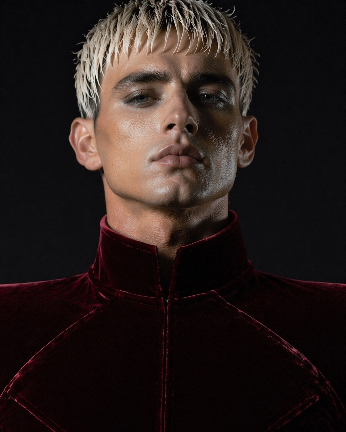 Close portrait of Charlie Void in oxblood velvet