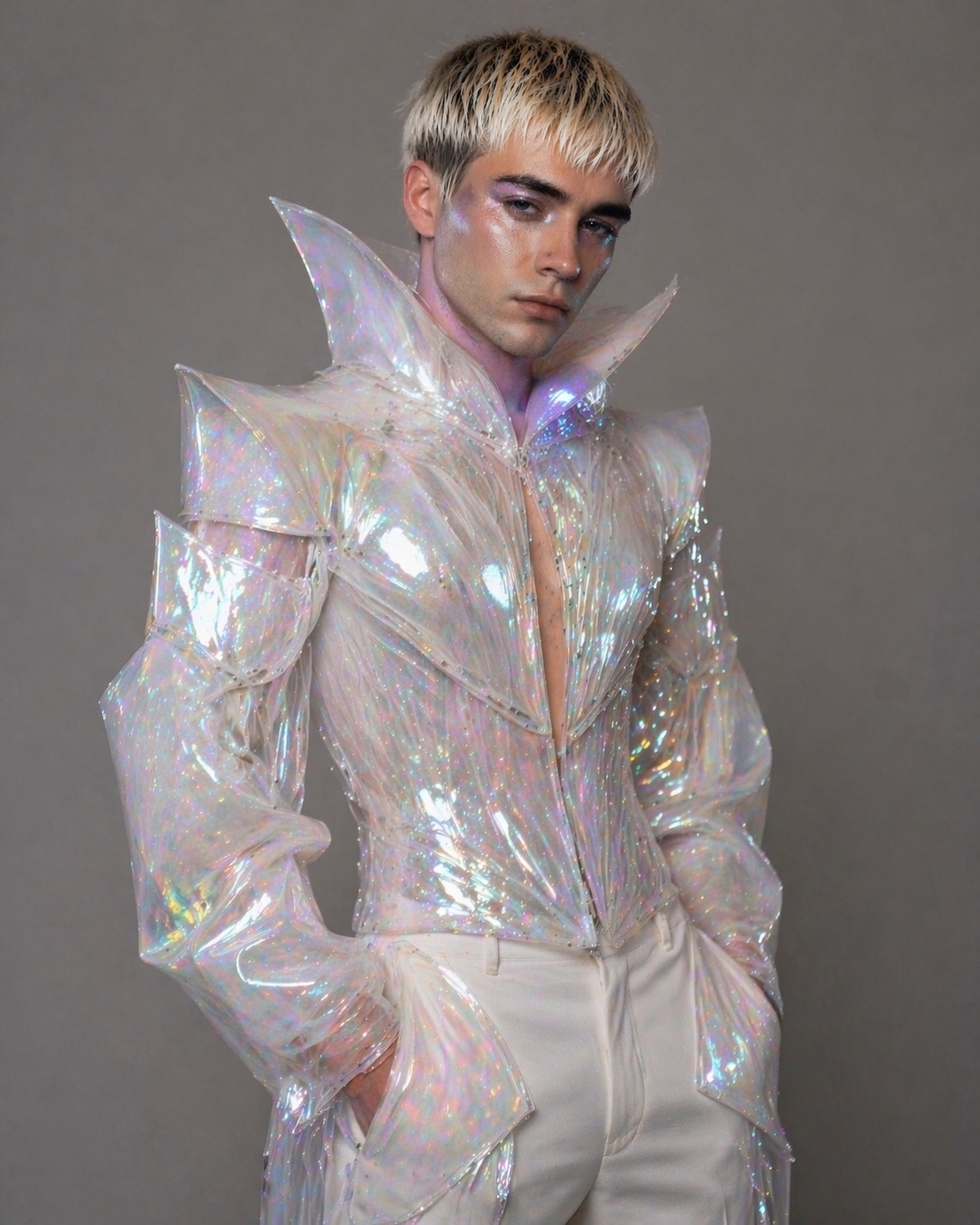 Charlie Void in a sculptural holographic jacket