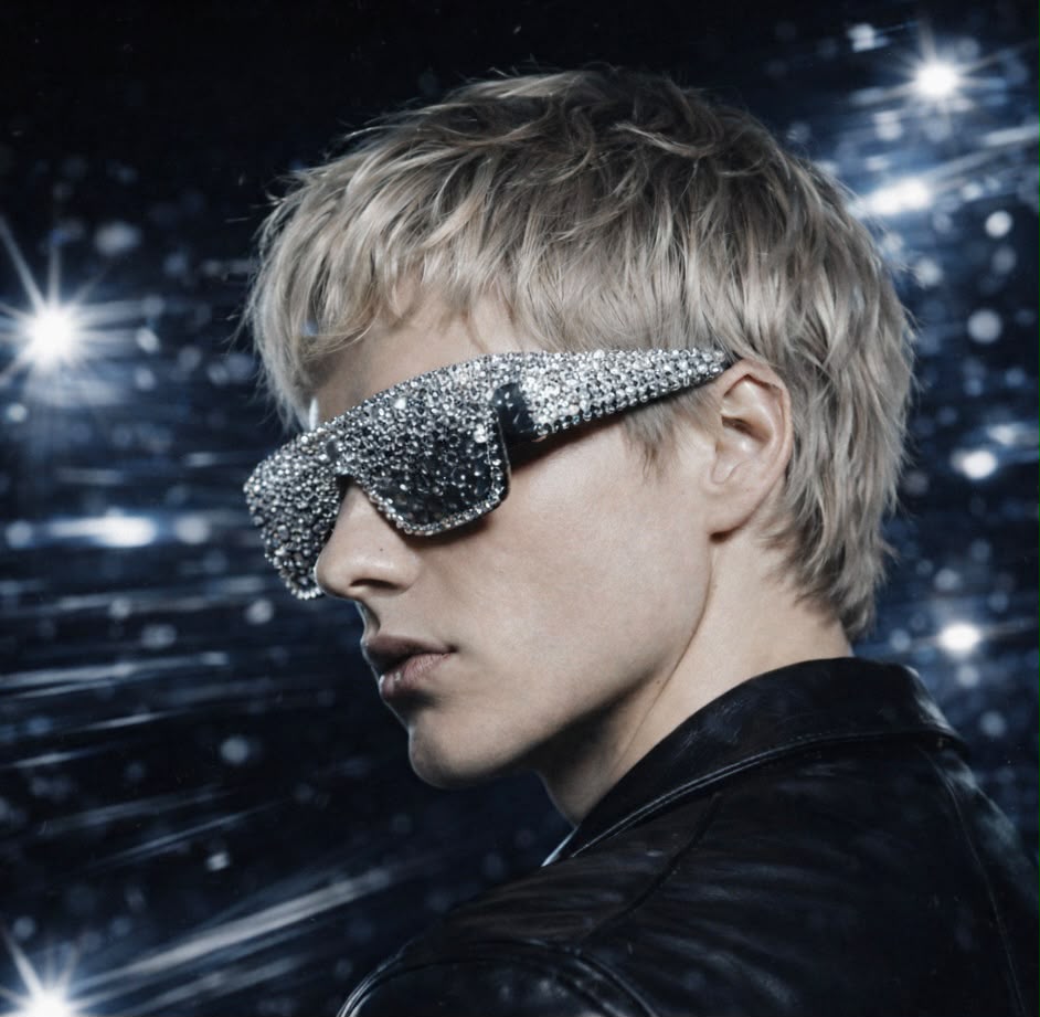 Charlie Void in profile wearing rhinestone-encrusted eyewear